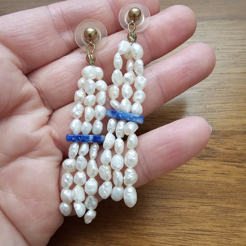 Boho Royal Blue & Freshwater Pearl Chandelier Earrings – 3" Statement​